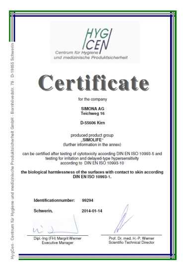 Сертификат биологической безвредности по DIN EN ISO 10993-5/-10
на пластики SIMOLIFE